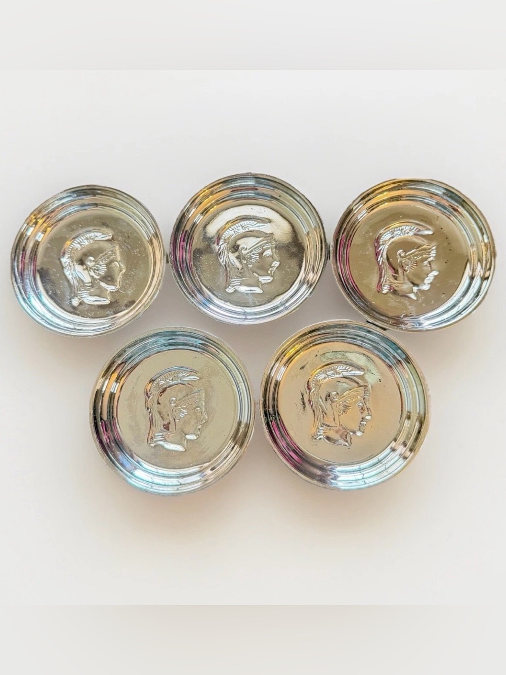 Vintage Set Of‎ 5 Mercury Glass Mid Century Coasters Silver Roman Head Trojan